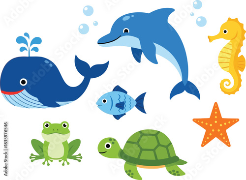 Vector illustration flat vector art of collection of cute cartoon sea animals including whale, dolphin, fish, seahorse, frog, turtle, and starfish