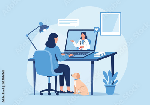 Vector art of patient consulting with a doctor online via video call for telemedicine healthcare, with a dog nearby
