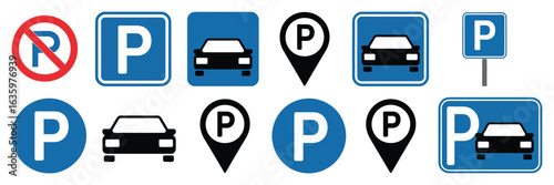 Car parking icon set with public parking location symbol and no parking sign vector illustration