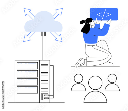 Cloud, server tower with cables, arrows, programmer holding coding display, and user icons. Ideal for technology, development, cloud solutions, software services team collaboration education