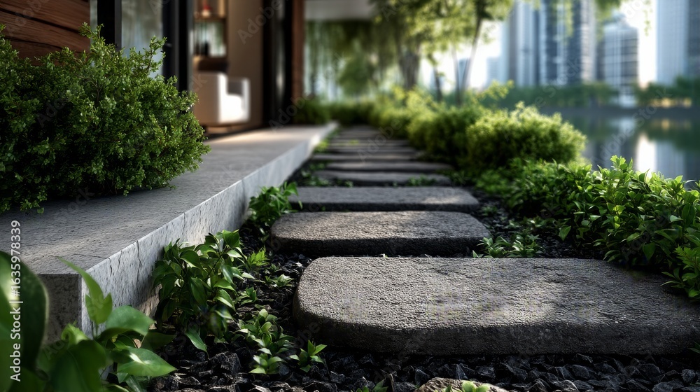 Fototapeta premium Lush green garden path with large stepping stones and dark pebbles leading into a blurred background with warm lights
