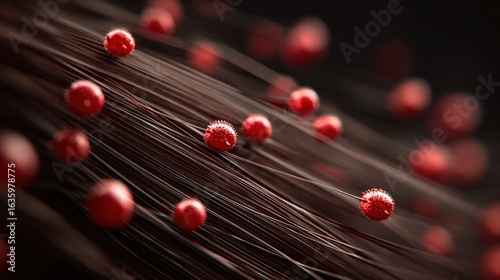 Close-up of a brown-haired scalp showing red nits from lice infestation