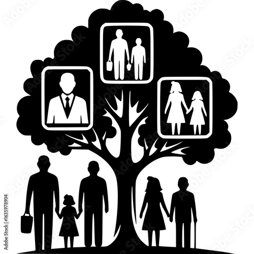 Family Tree: A symbolic family tree graphic illustrating generations of family members, rooted in heritage and connections, capturing the essence of genealogy and kinship