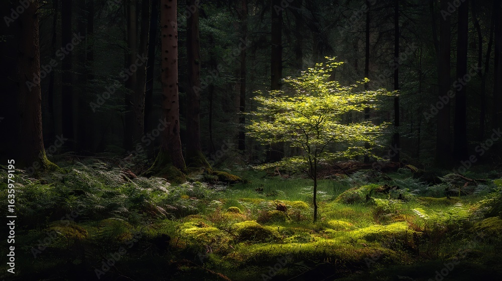 Fototapeta premium A solitary tree stands tall in the darkness of an ancient forest, creating a mysterious and serene atmosphere that showcases the beauty and mystery of nature.