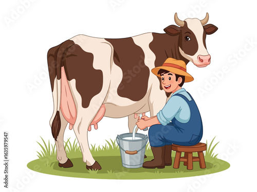 Dairy Farmer and Cow: A farmer expertly milks a contented dairy cow in a serene outdoor setting, evoking feelings of rural tranquility and sustainable living.
