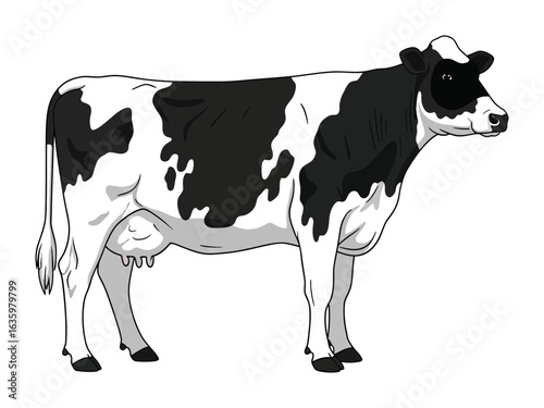 Dairy Cow in Profile: A monochrome, full-body profile of a dairy cow, showcasing its distinctive black and white markings and illustrating the elegant form of the bovine against the backdrop.