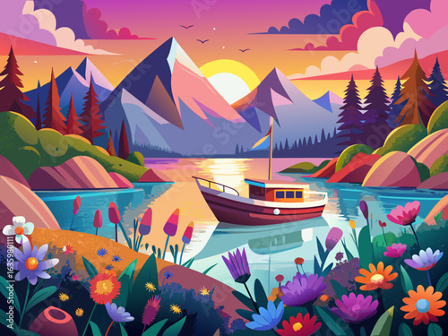 vector of Boat on lake at sunset, flowers in foreground. Boat on a calm lake at sunset, surrounded by...