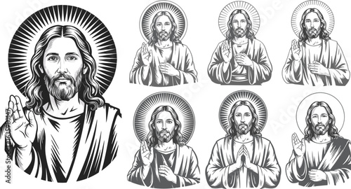 Monochrome Jesus Christ illustration set, vintage engraving style, religious vector art, prayer poses, Christian savior graphic for faith artwork