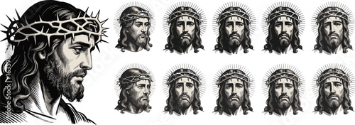 Monochrome Jesus Christ illustration set, vintage engraving style, religious vector art, prayer poses, Christian savior graphic for faith artwork