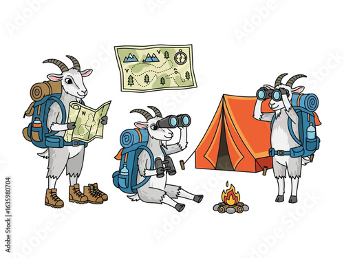 Adventure Awaits: Adorable cartoon goats embrace the spirit of adventure. One studies a map, another peers through binoculars, and a third finds comfort by the campfire.