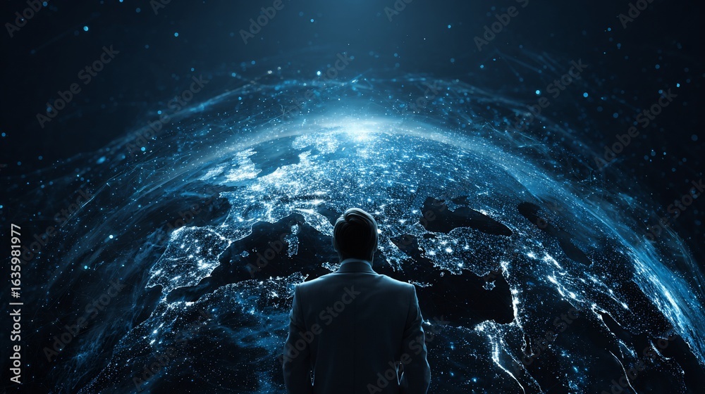 Fototapeta premium Man gazes at a glowing globe, representing global connectivity and networks
