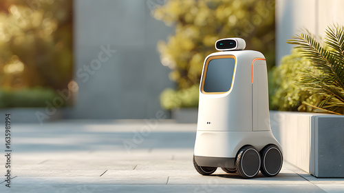 futuristic robot with a sleek design, outdoors in an urban environment. The robot has a screen and is on wheels, showcasing technology and innovation