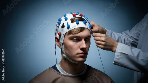 Man wearing eeg cap with electrodes being adjusted by hands in a laboratory setting for research study