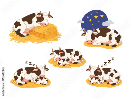 Dreamy Cows: A collection of charming illustrations captures the peaceful slumber of cows in various settings, emphasizing themes of rest and tranquility.