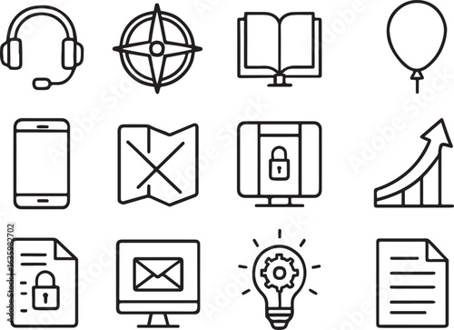 Digital and informational icons for technology and learning