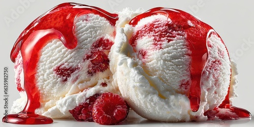 Delicious dessert featuring two scoops of ice cream topped with raspberry sauce and fresh raspberries in a close-up view