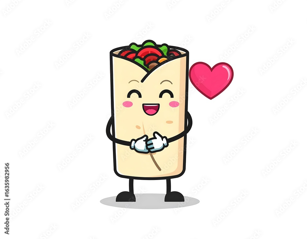 Fototapeta premium Cute cartoon burrito with happy expression and heart