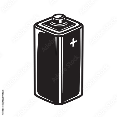 A clean black and white illustration of a rectangular battery isolated on white background