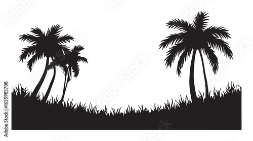 A vector illustration showcasing a landscape with palm trees and grass, designed in a black silhouette style, creates an abstract nature background and forest template, illustrated by hand on a white 