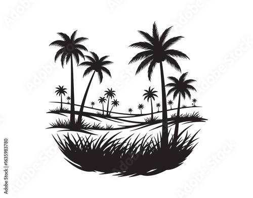 A vector depiction of a landscape featuring palm trees and grass, rendered as a black silhouette, serves as an abstract nature background and forest template, presented as a hand-drawn illustration