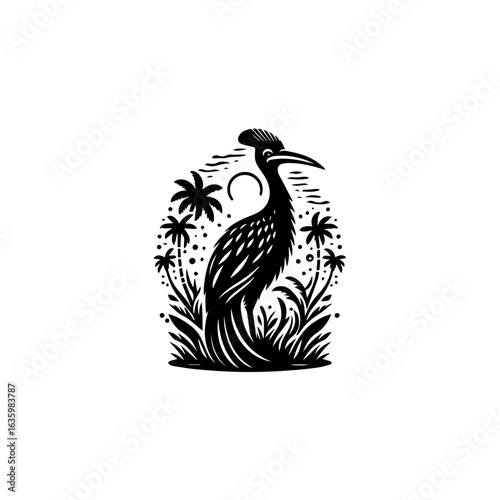 Elegant wading bird with palm trees and tropical foliage