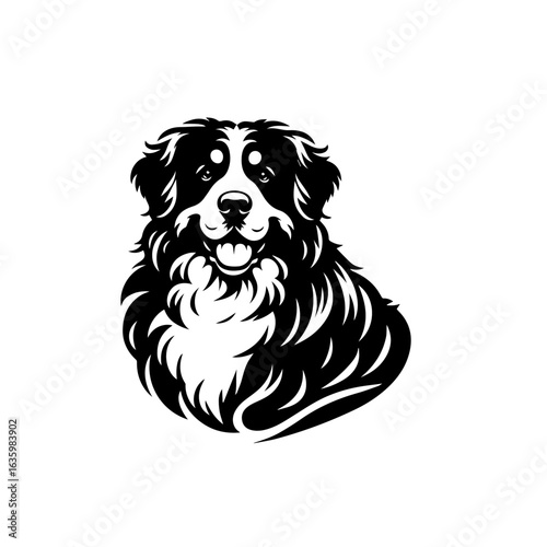 Black and white illustration of a happy dog isolated on white background
