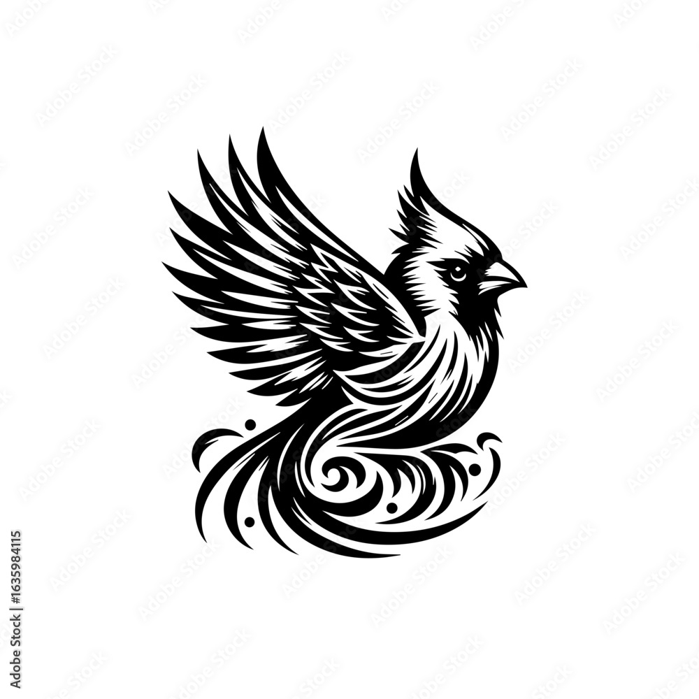 Obraz premium Northern cardinal bird with decorative swirls isolated on white background