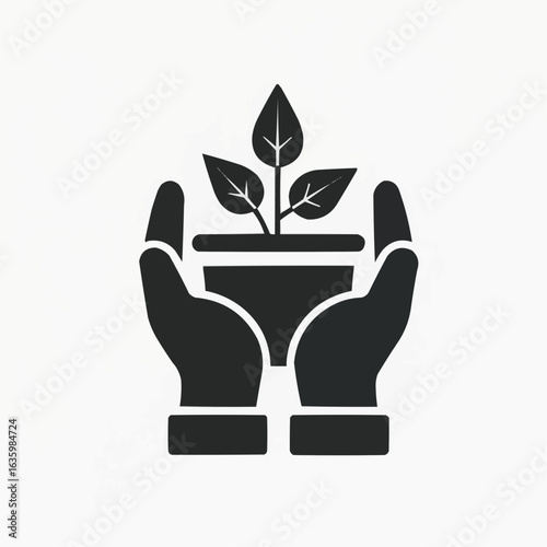 Illustration of hands holding a potted plant in a nurturing gesture