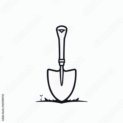 Minimalist illustration of a shovel with a plant growing beside it