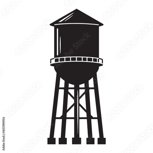 Black and white illustration of a tall water tower structure silhouette design