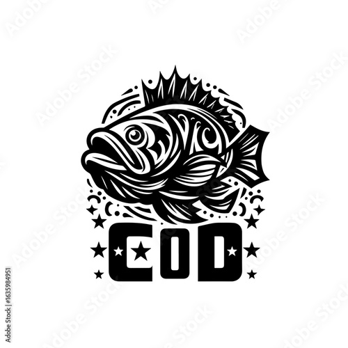 Cod fish illustration with text isolated on white background