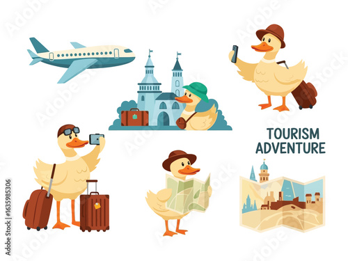 Duck Tourism Adventure: Whimsical illustrations of a cartoon duck embarking on a tourism adventure, exploring landmarks, capturing moments, and embracing the thrill of travel.