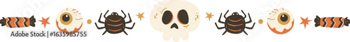 Halloween Spooky Border Pattern Design with Eye Ball Candy Skull and Spider Illustration