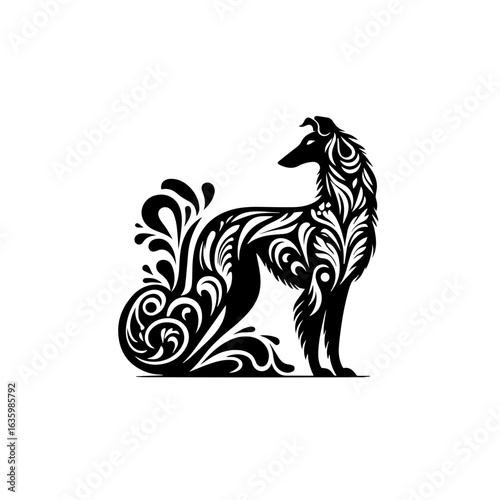 Stylized silhouette of a dog with floral patterns isolated on white background