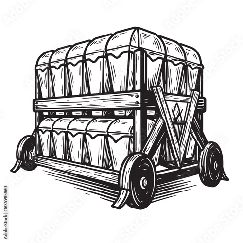 Black and white illustration of a vintage seed planter on a wheeled cart isolated.