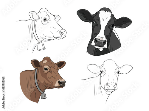 Cattle portraits: A collection of diverse cattle portraits showcasing variations in breed, color and detailed drawing styles, capturing unique essence of each animal.