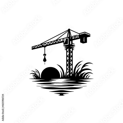 Construction crane with sun and grass illustration isolated on white background