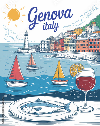 Watercolor Sketch of Genoa Beach Paradise, Italy – Hand-Painted Endless Summer Resort with Food and Typography Elements for Trendy Graphic T-Shirt and Poster Design

