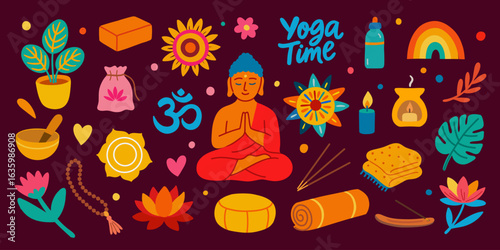 Set of yoga and meditation flat vector illustration with Buddha in lotus pose, Om symbol, yoga mat, singing bowl, incense, candles, flowers, plants and spiritual objects in colorful boho style.