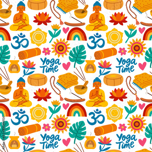 Seamless yoga and meditation pattern illustration. Buddha, Om symbol, lotus, yoga mat, mandala, singing bowl, aroma lamp. 