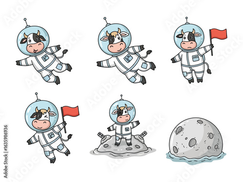 Cosmic Cow's Adventures: A delightful cartoon illustration showcases a charming cow astronaut, playfully exploring the vastness of space