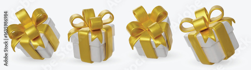 Set white gift boxes with shiny gold ribbons and bows.