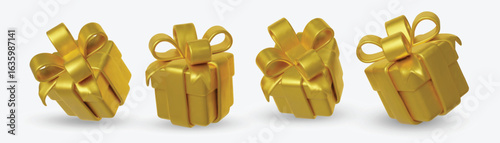 Set gold gift boxes with shiny gold ribbons and bows.