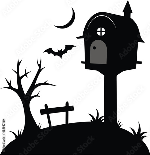 Spooky halloween silhouette of a haunted mailbox and dead tree isolated on white background