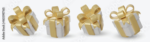 Set white gift boxes with shiny gold ribbons and bows.