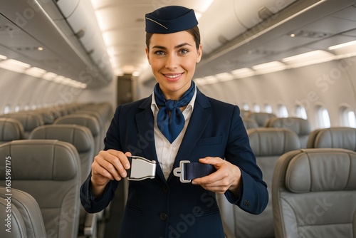 Flight safety demonstration with crew member showing seatbelt usage on aircraft