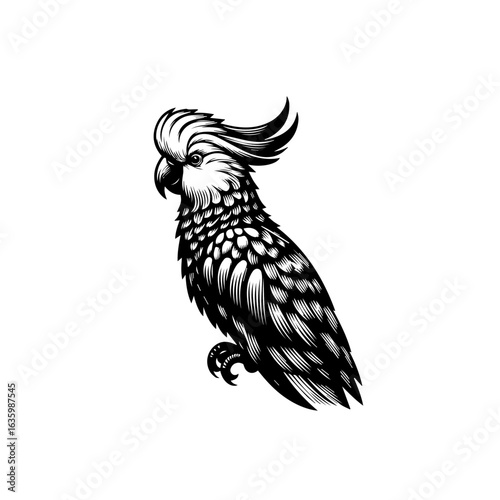 Stylized black and white illustration of a cockatoo isolated on white background