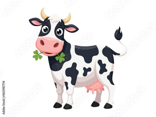 Happy Cow Chewing Clover: A delightful cartoon cow with a charming smile and distinctive black and white spots is contentedly chewing a sprig of green clover, its eyes twinkling with joy.