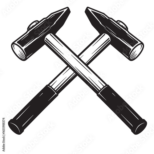 Crossed hammers illustration depicting craftsmanship and industry in monochrome style