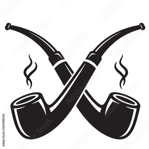 Crossed classic smoking pipes vector illustration in black and white with smoke effect
